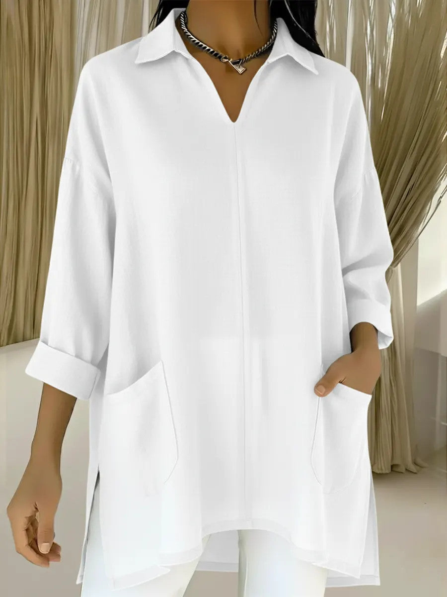 Womens Fashion Solid-color Pocket Shirt With A Loose-fitting Collar