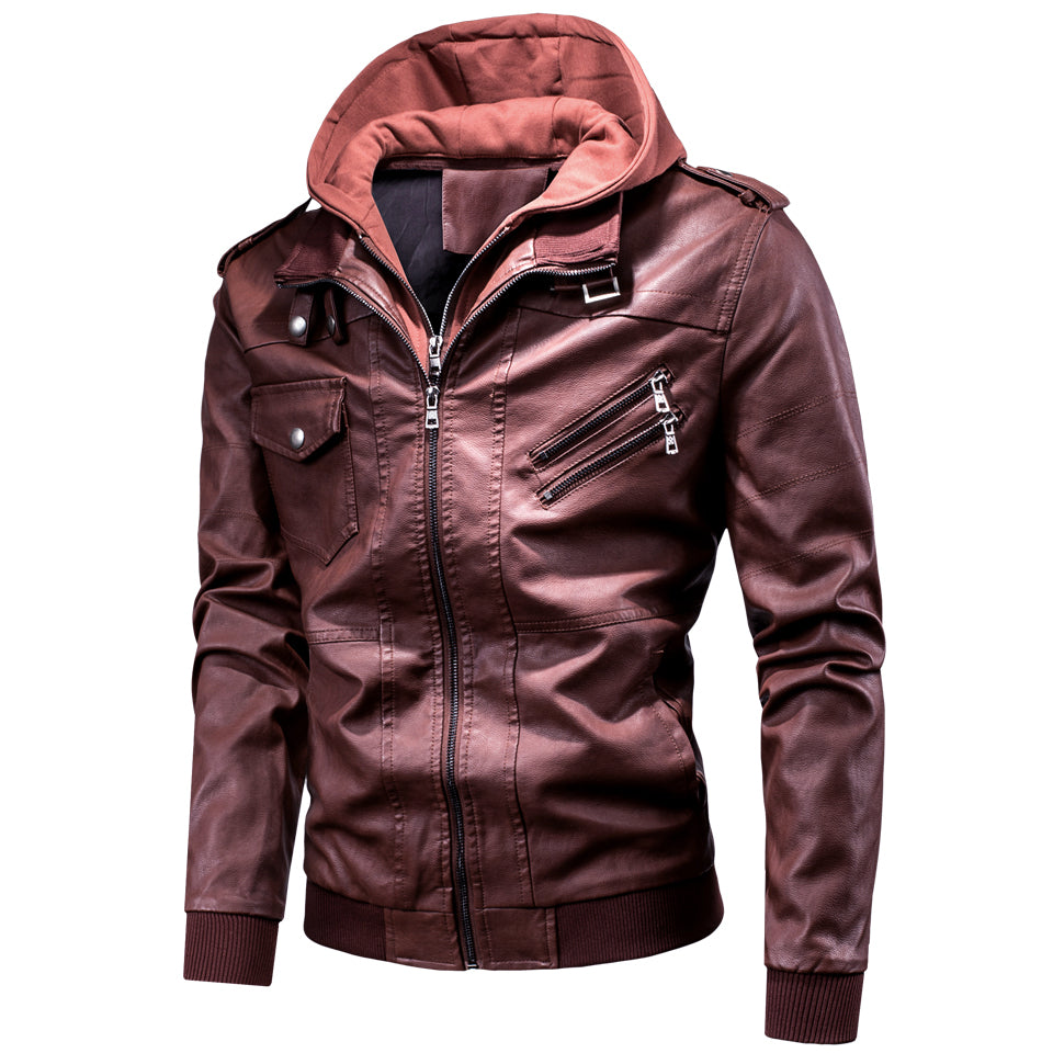 Men's detachable hooded pu leather jacket