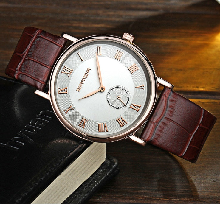 Men's leather waterproof quartz watch