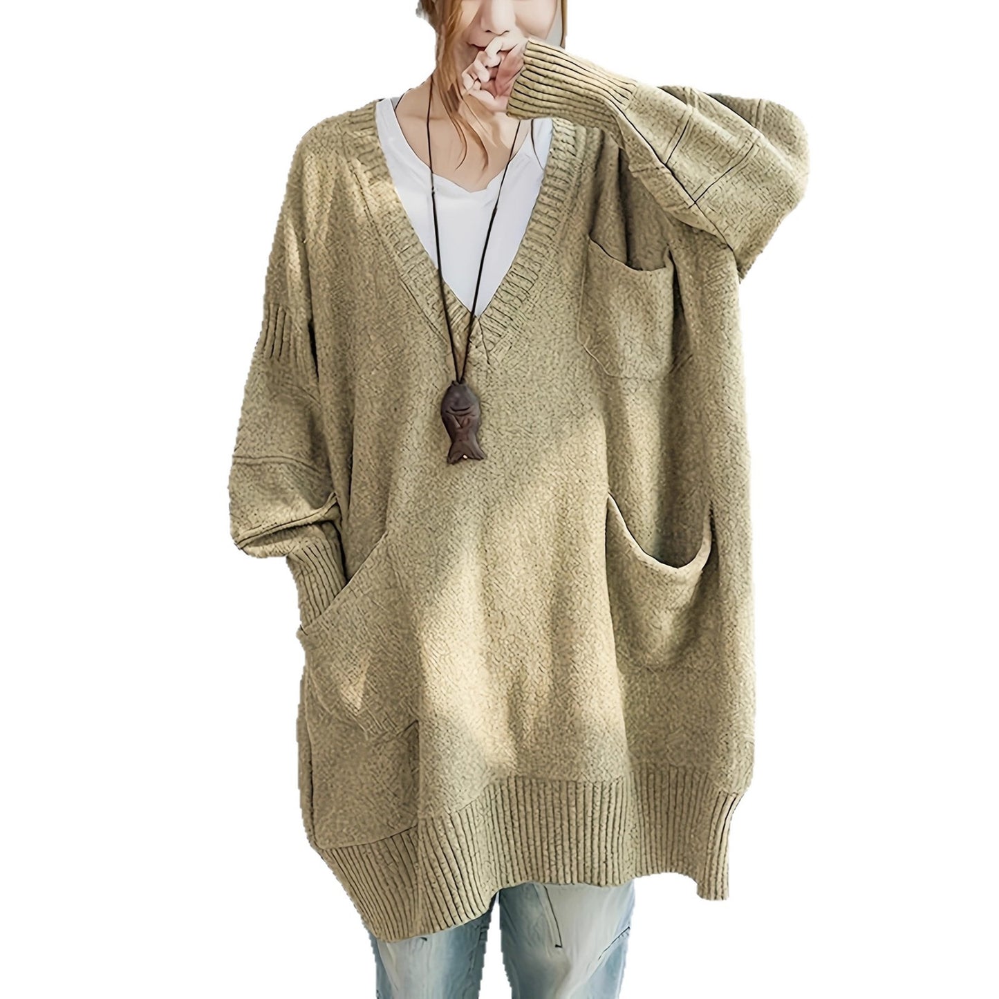 Loose-fitting V-neck Long Sleeves Outerwear Sweater