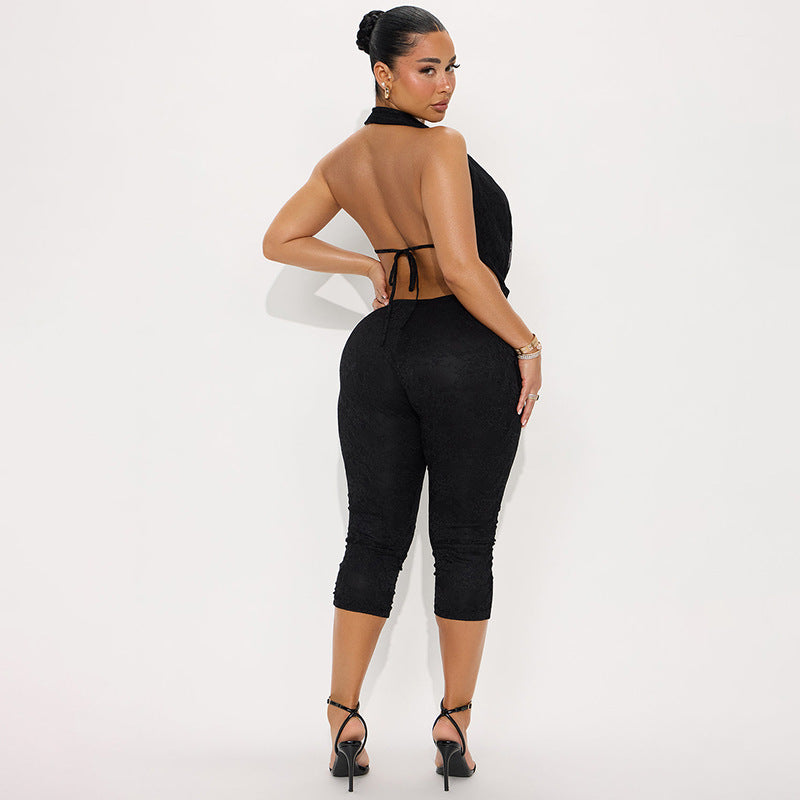 Summer Women's Lace Backless Tight One-piece Cropped Trousers