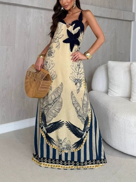 Printed Color-blocked Striped Resort Dress