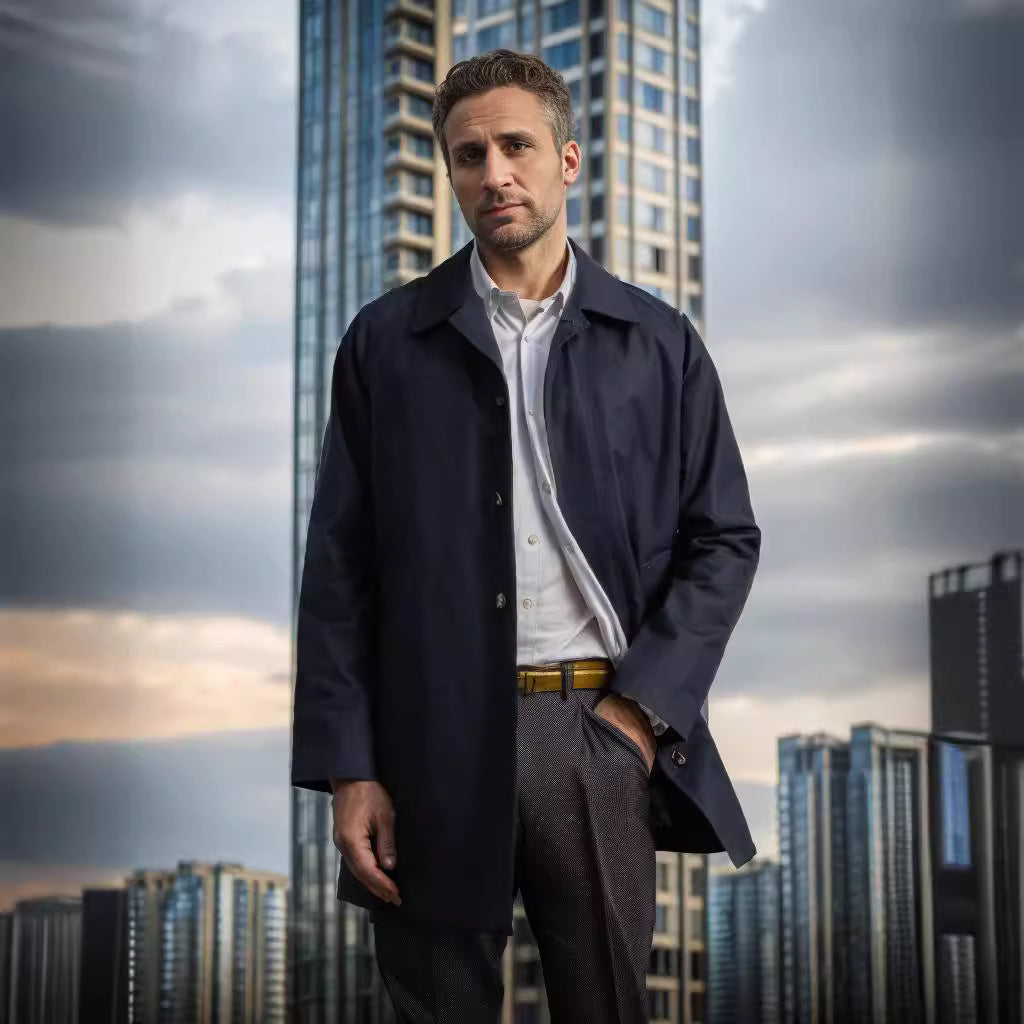 Langærmet trenchcoat til mænd, revers, slim fit, enkeltbrystet, afslappet jakke