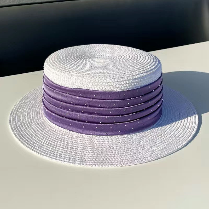 Spring And Summer Short Brim Satin Rhinestone Straw Flat Top Hat Women