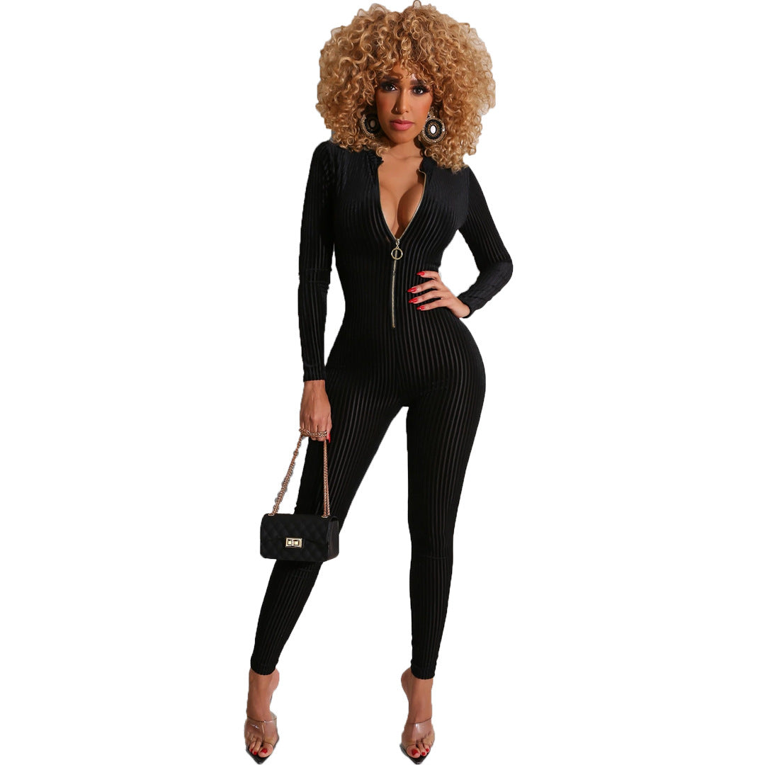 Women's Fashion Long Sleeved Solid Color Jumpsuit