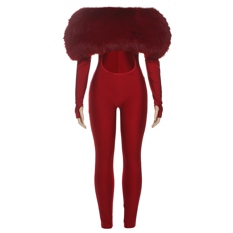 New Women's Off-shoulder Furry Stitching Sexy Midriff-baring Long Sleeve Jumpsuit