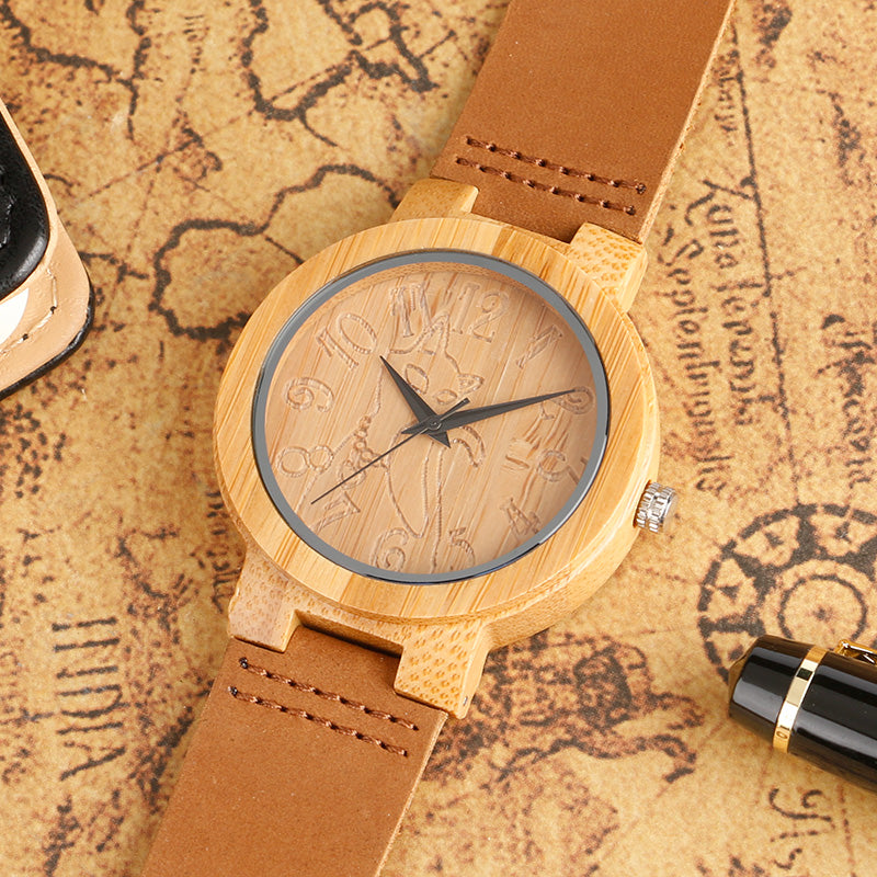 Bamboo wood craft quartz movement cat shape