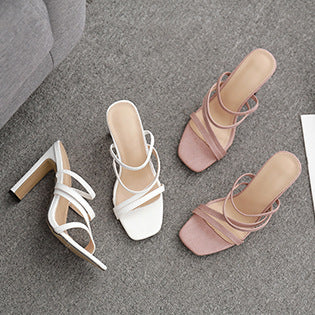 High-Heeled Sandals With Square Toe Slippers