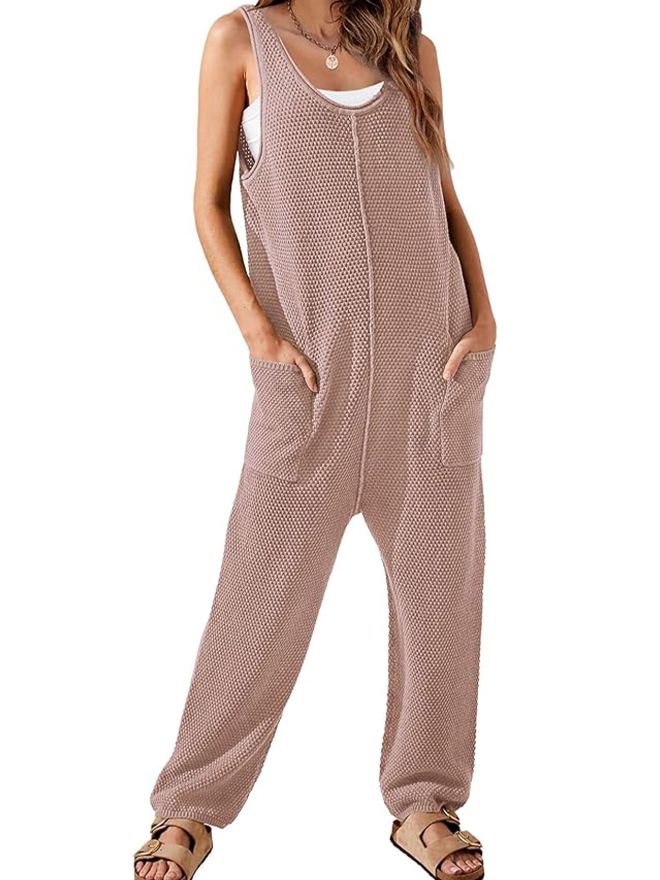 Women's Waffle Jumpsuit Casual Loose Sleeveless V Neck Jumpsuit Double Pocket Cargo Pants