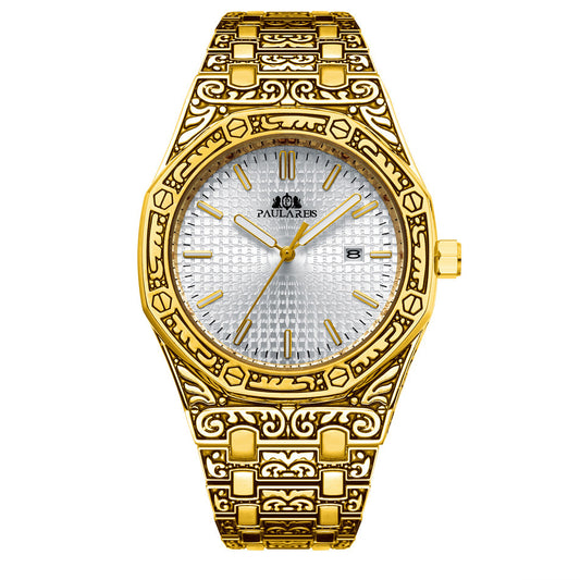 PAULAREIS Quartz Carved Oak Calendar Luminous Men's Watch