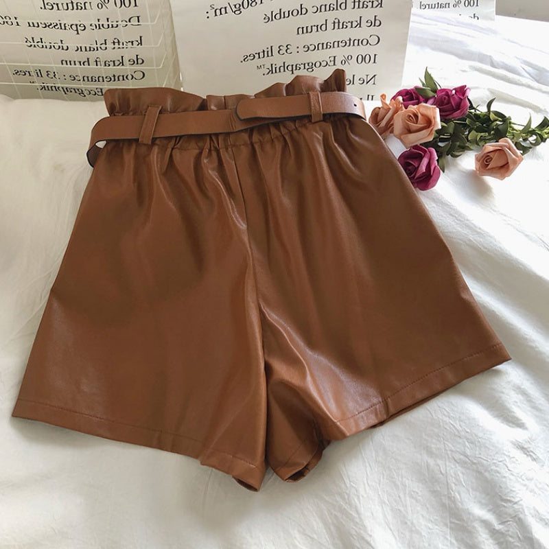 Double Pocket Solid Color A-Line PU Leather Pants With Belt