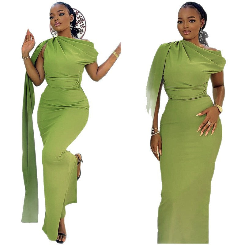 Slim Fit Elegant Solid Color One Shoulder Long Dress