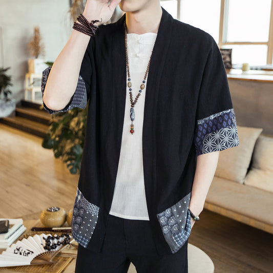 Men's cotton linen cardigan jacket cloak shirt