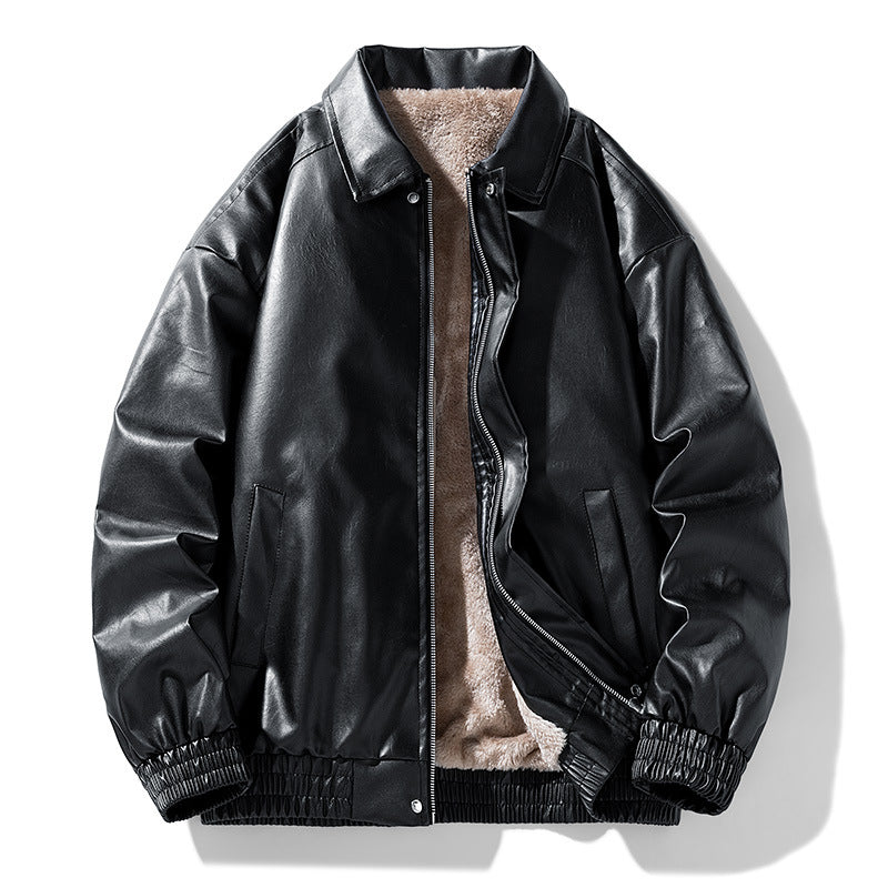 Winter Retro Minimalist Casual Lapel Fashionable Fleece-Lined Leather Jacket