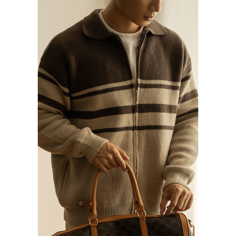 Young Contrast Color Striped Lapel Sweater Men's Casual Zipper