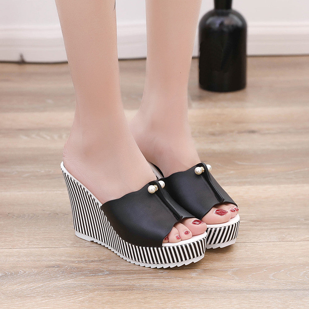 Korean Women's Thick-soled High-heeled Flip-flop Pearl Fish Mouth