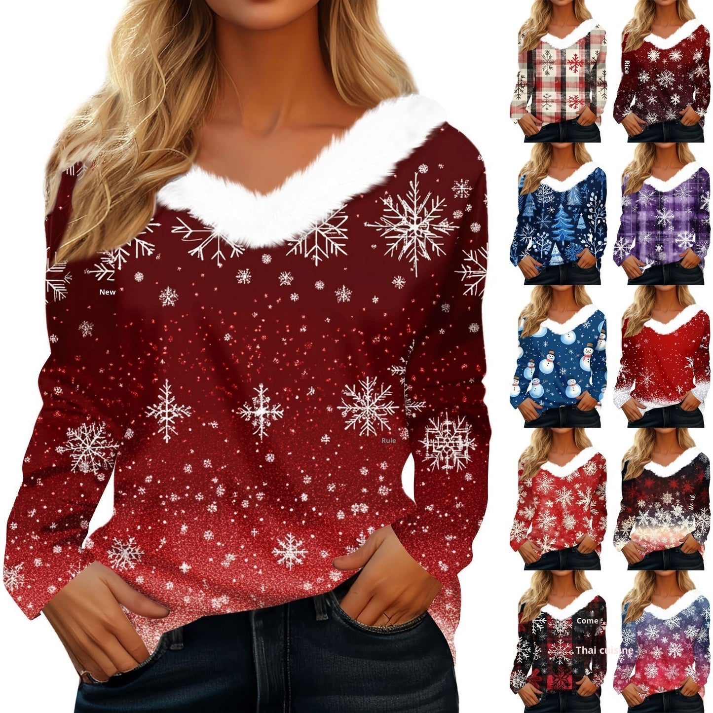 Women's Long Sleeve Christmas Print Party Furry Collar V-Neck Top