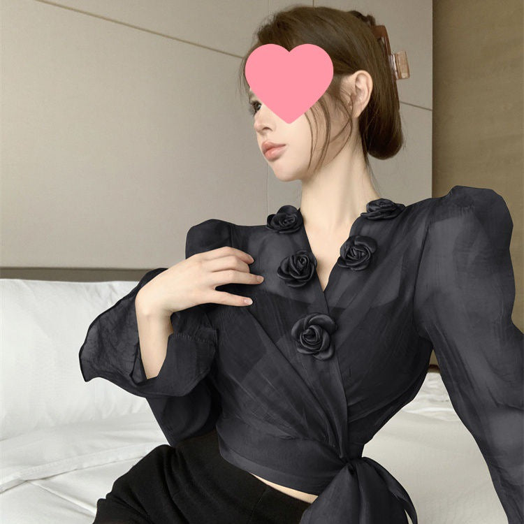 Womens Retro Elegant Designer-Style Top With Floral Detailing Lace-Up Waist For A Slimming Fit And Versatile Design