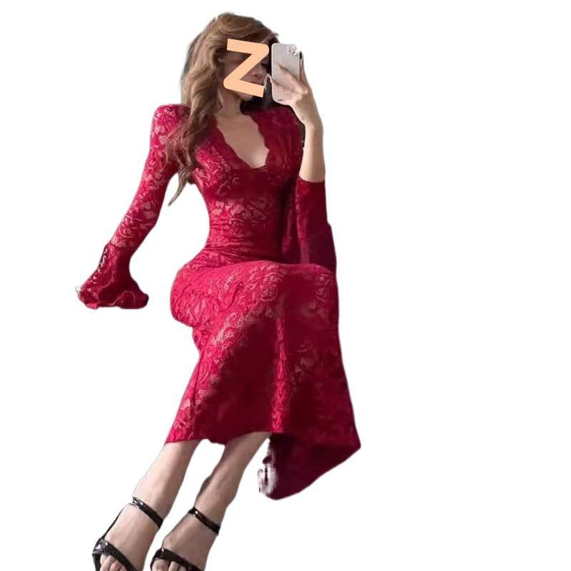 Red V-neck Lace Hollow-out Long-sleeve Dress