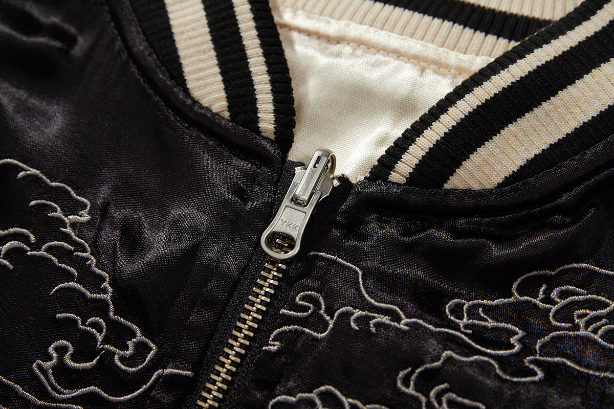 Reversible Casual Embroidered Baseball Jacket With A Double Dragon And Pearl Design