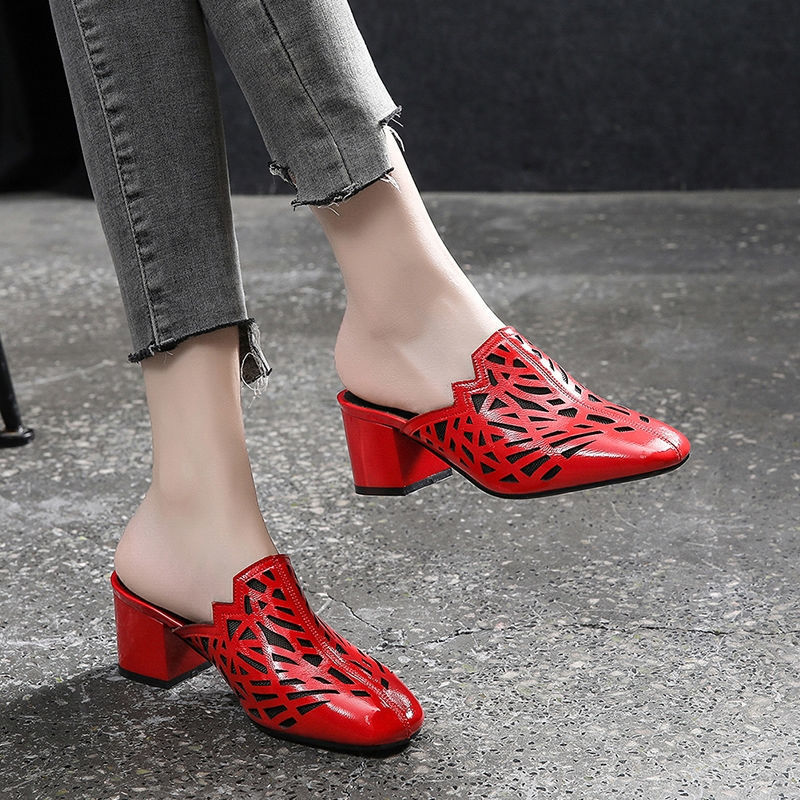 Rhinestone Half Slippers Women's Thick Heel Fashion Outer Wear Mid-heel Mesh Soft Sole