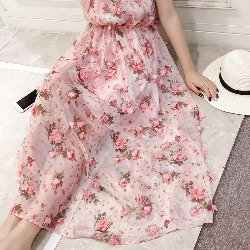 Sleeveless Suspender Floral Chiffon Dress For Women