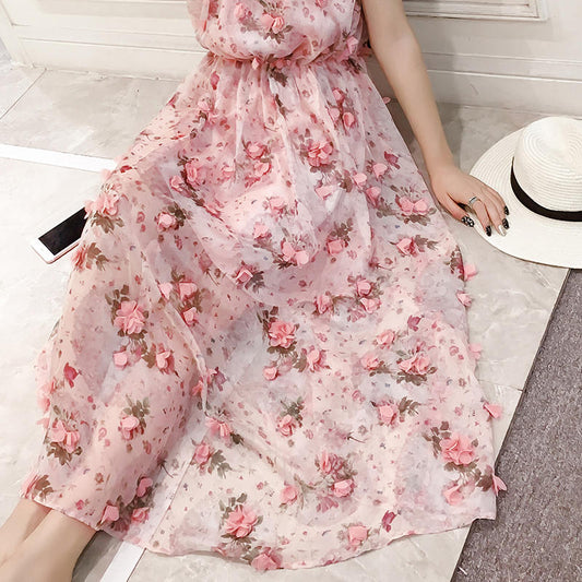 Sleeveless Suspender Floral Chiffon Dress For Women