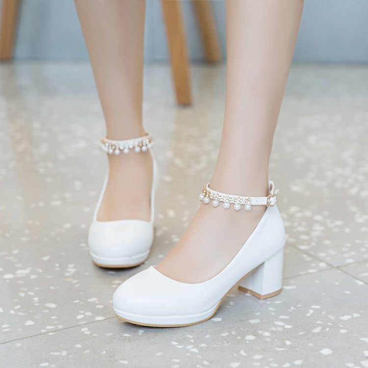 Fashion New Sweet Pearl Buckle Chunky Heel Women's Shoes
