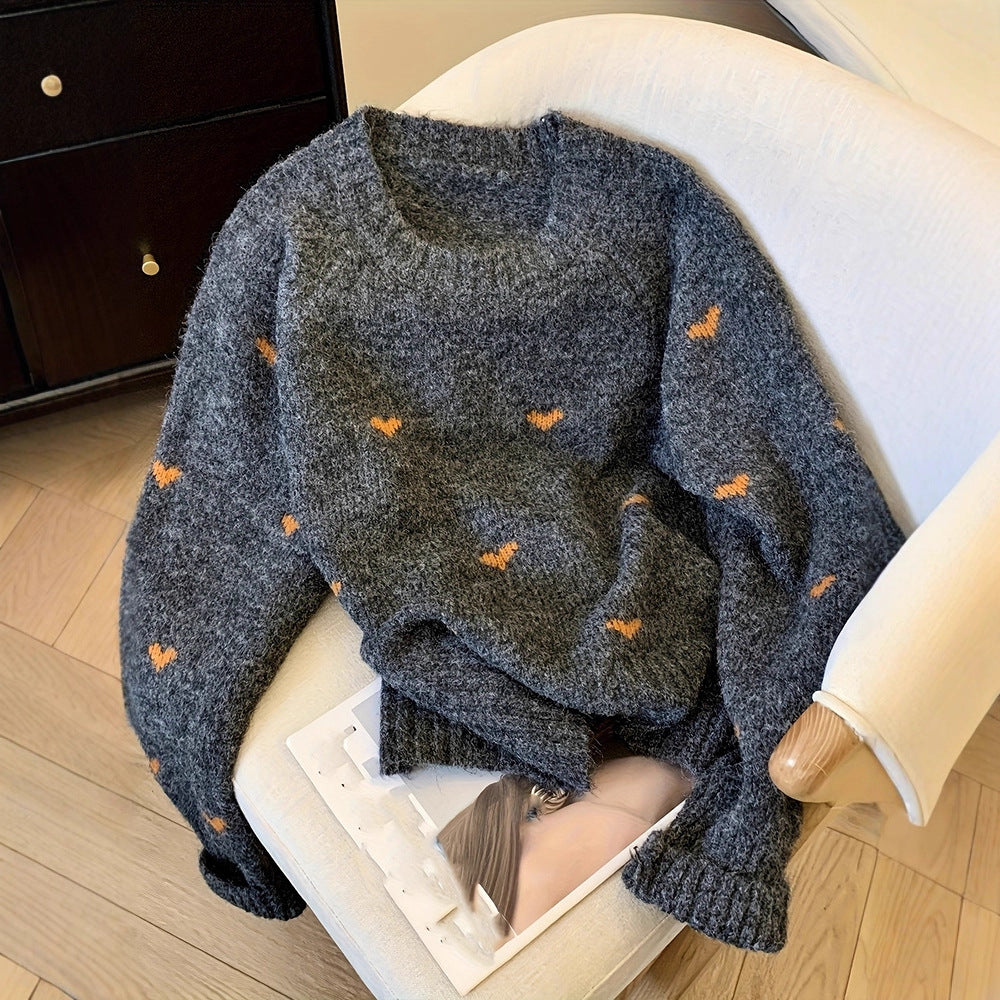 Women's Comfortable Sweater With Heart Pattern Long-Sleeved Crew-Neck Pullover
