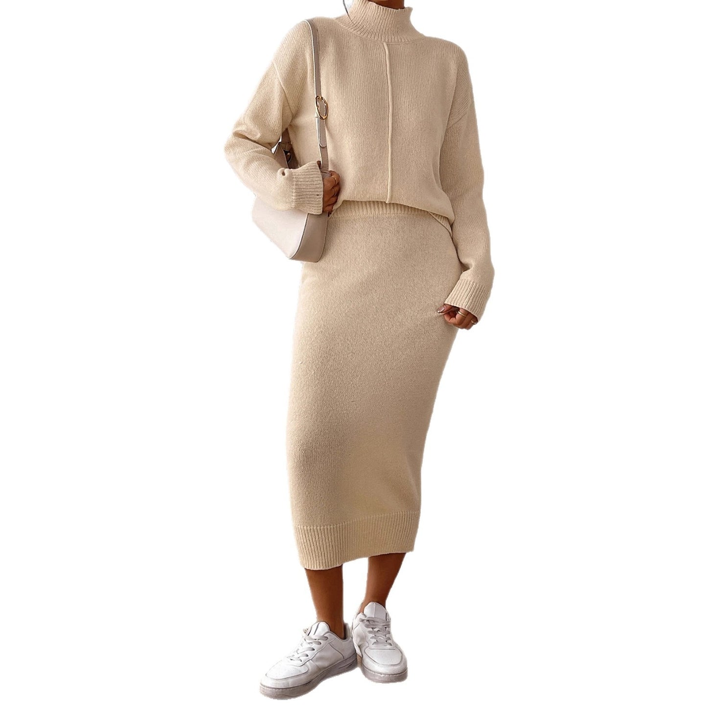 Women's Semi-high Neck Pullover Sweater And Bodycon Skirt Two-piece Set