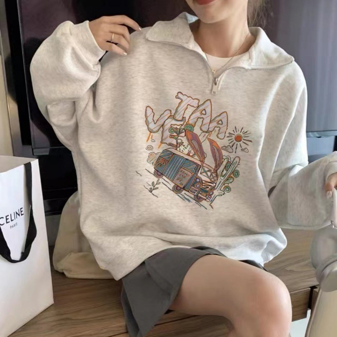 Halv Lynlås Sweater Løs og Afslappet Polo Krave Top