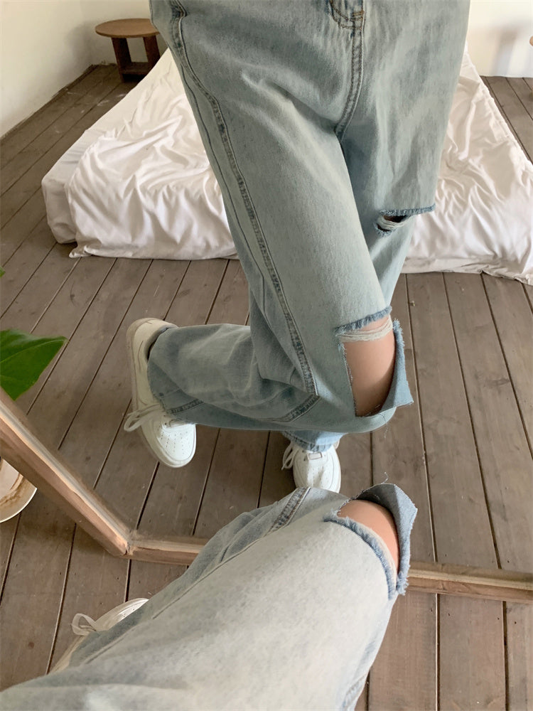 Ripped Jeans til kvinder, lyseblå, distressed, vintage, brede ben, bukser