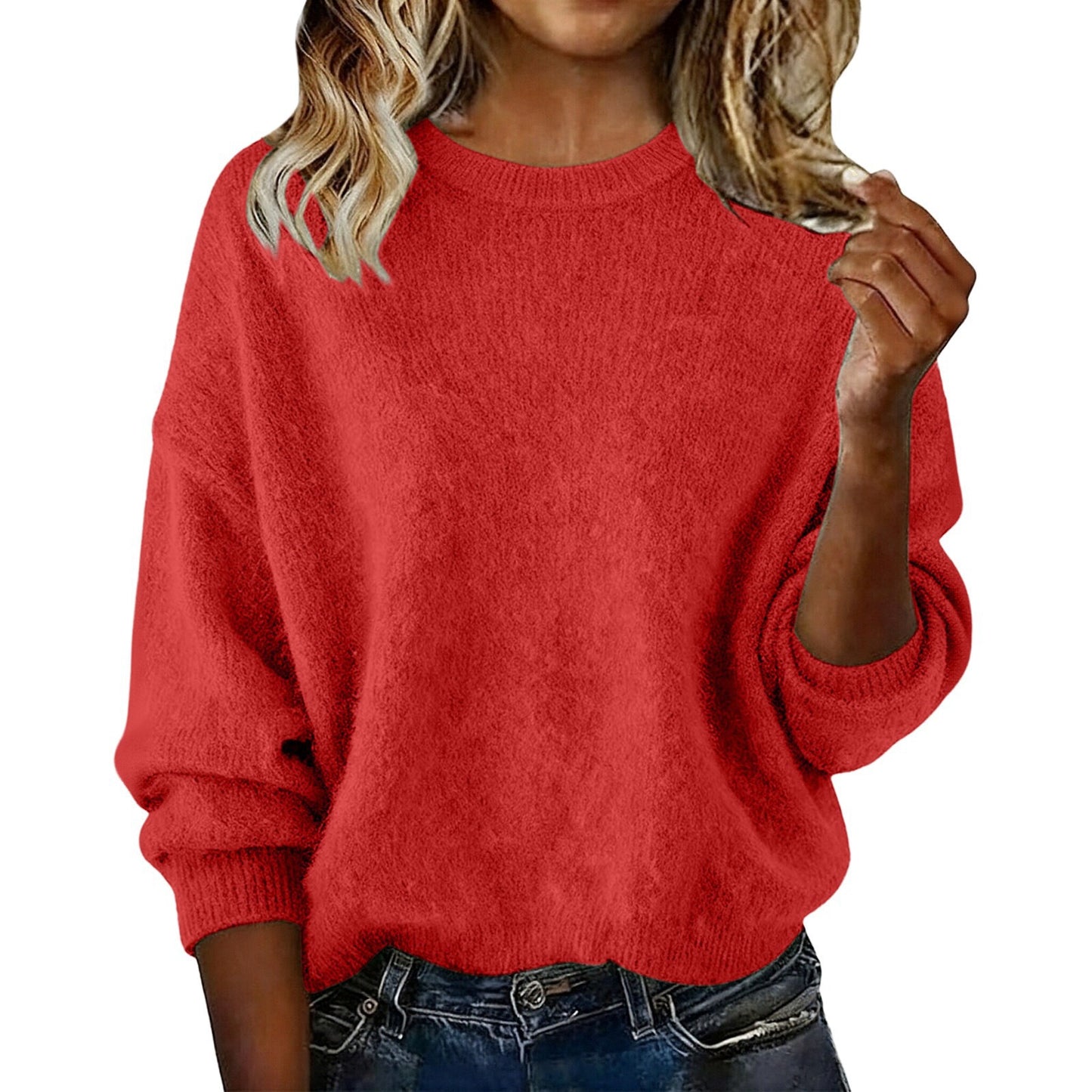 Fashionable Crew-neck Solid-color Sweater