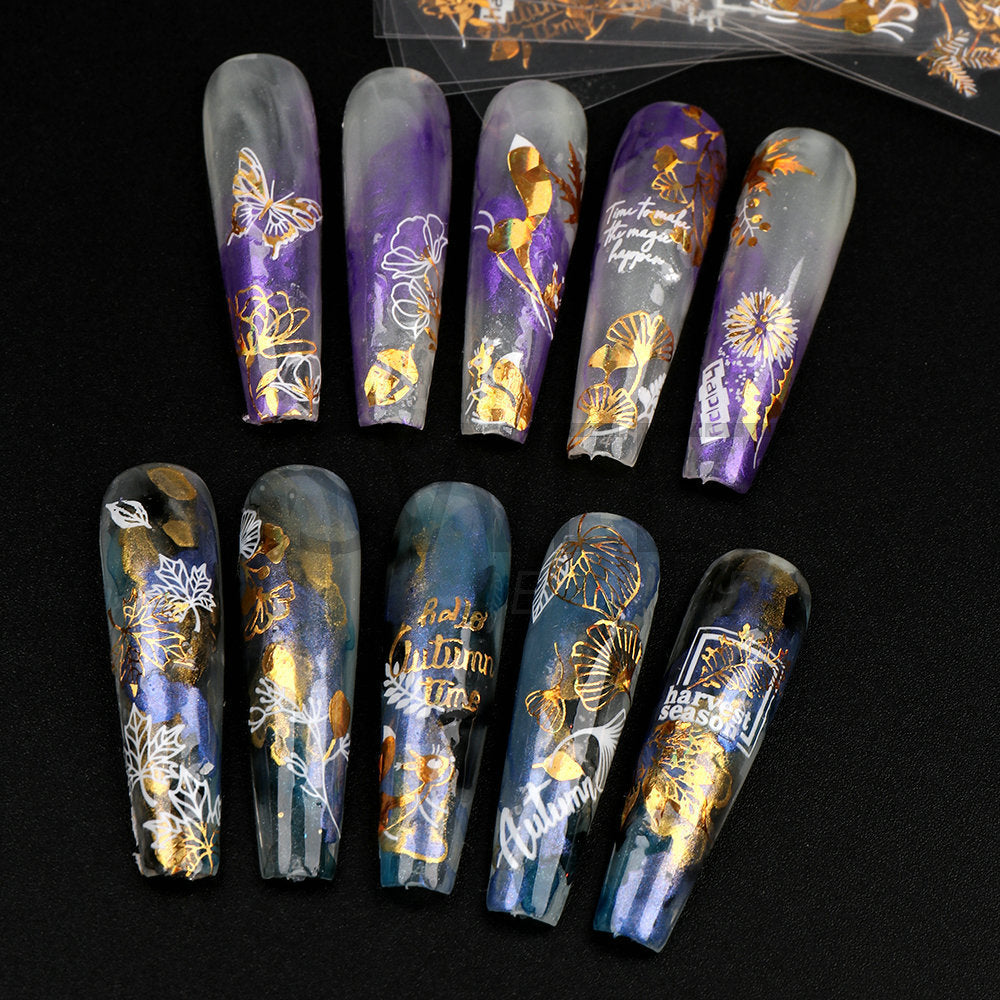 Nail Sticker Laser Golden Maple Leaf Letter Fan 3D