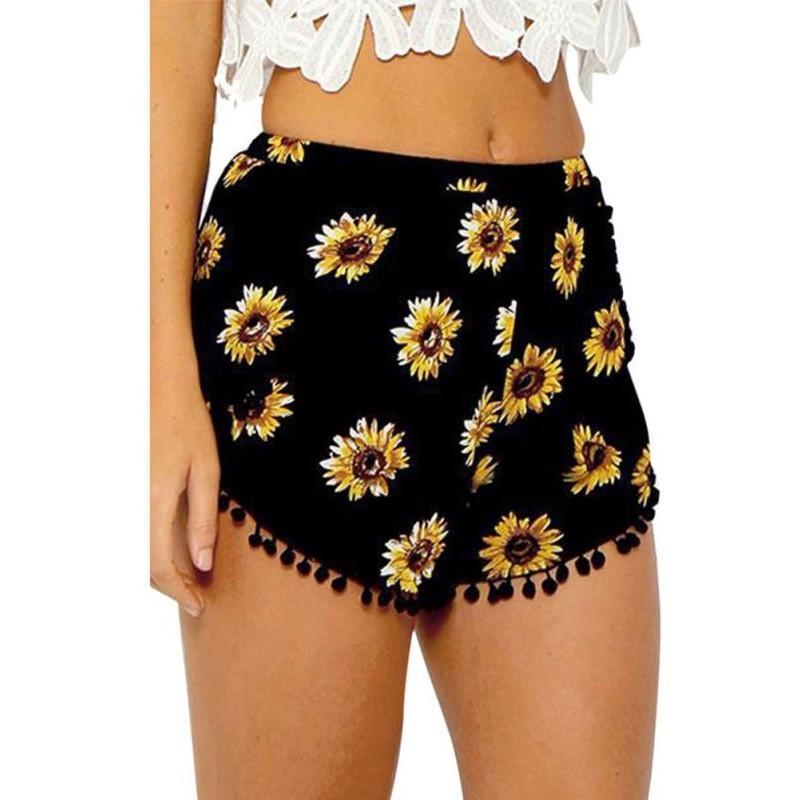 Europæisk og amerikansk udenrigshandel, sommernyhed, dame shorts med pomponer og solsikkeprint, elastisk talje, strandshorts
