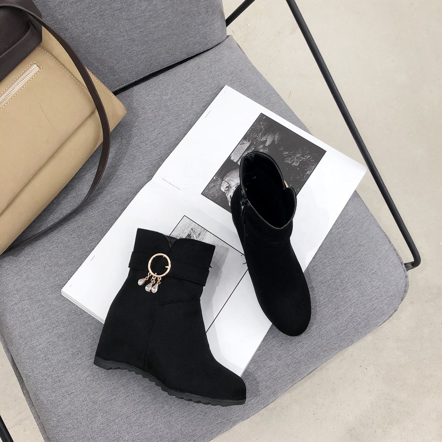 Fringed Round Toe Wedge Heel Winter Ladies Short Boots
