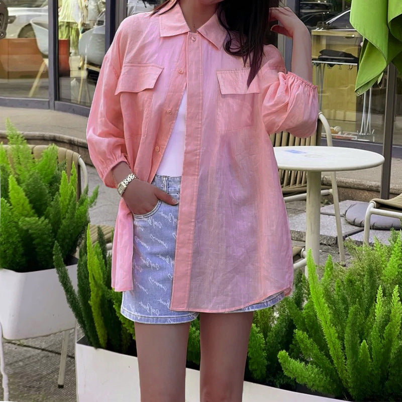 Fashion Personality Solid Color Long Sleeve Loose Cotton-linen Shirt