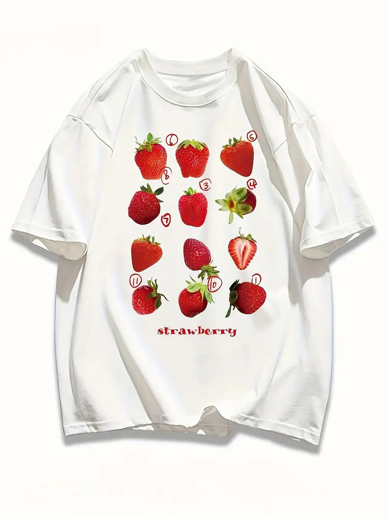 Fruit Strawberry Round Neck Short Sleeve Top For Women