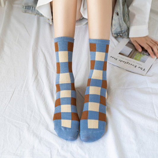 Blue British Check Stripe Women's Cotton Socks
