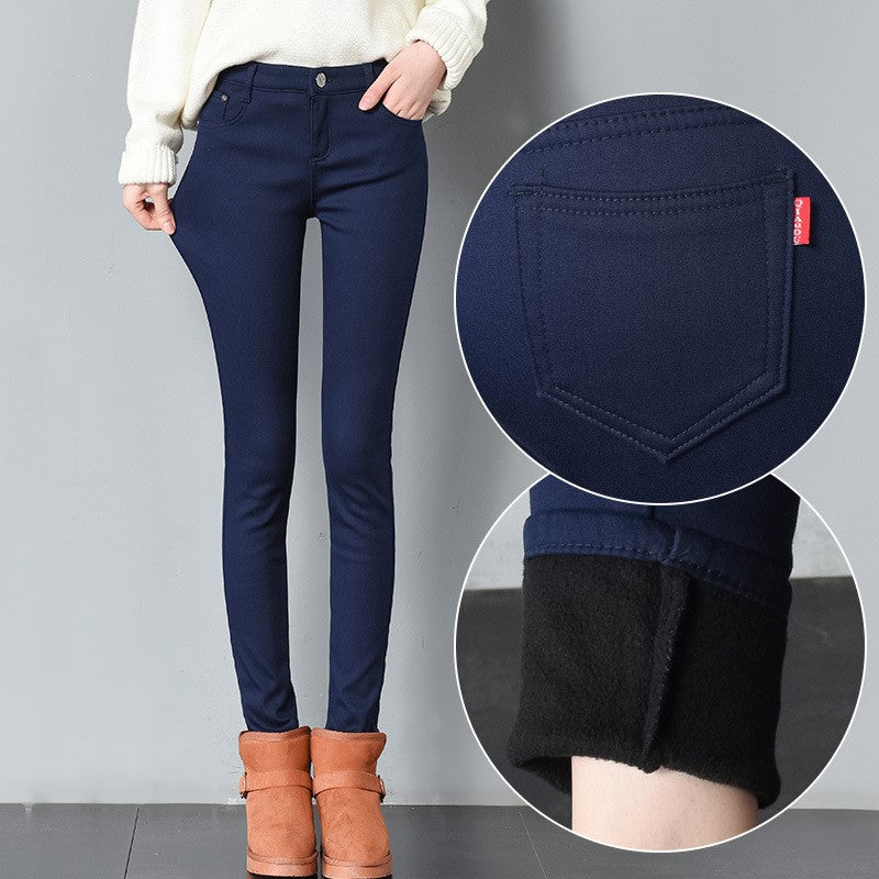 Thick pencil outer wear denim and long plus velvet boots