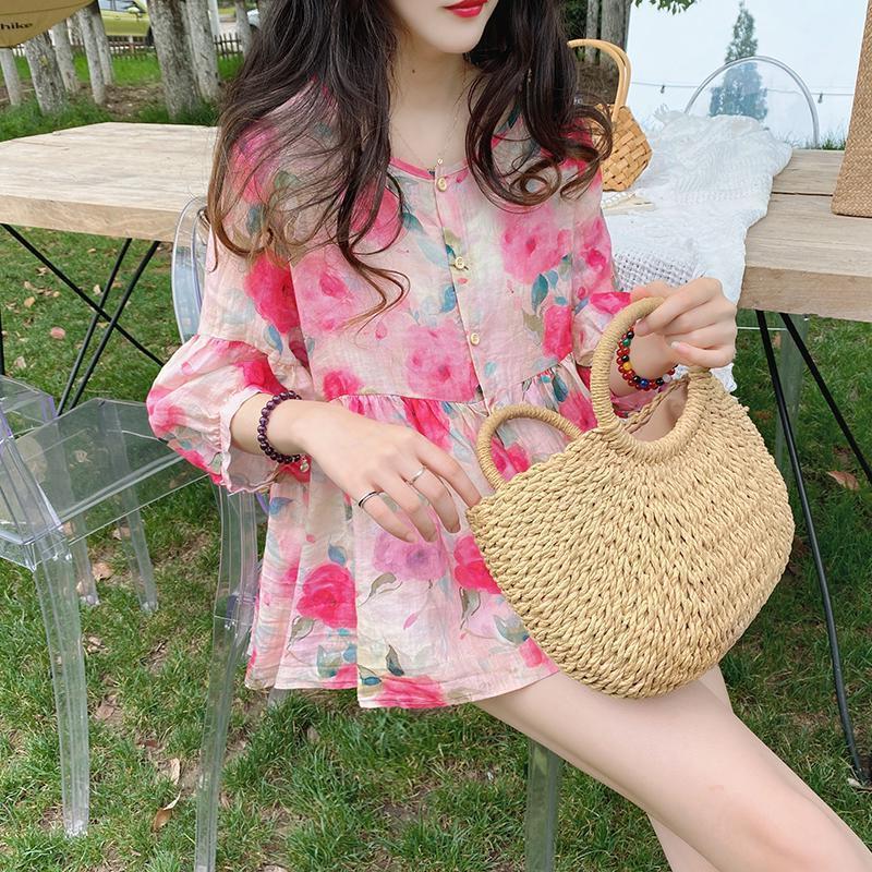 Doll-krave Top Sommer Nyhed Løstsiddende Vintage Bluse med Pufærmer