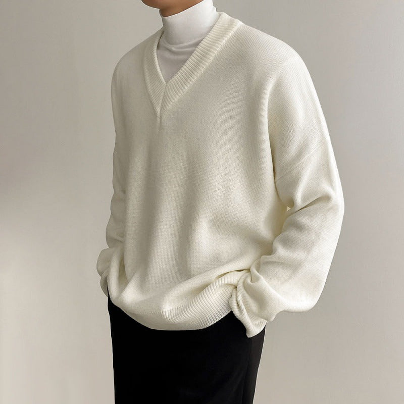 Solid Color And V-neck Sweater Men's Autumn And Winter Thickened