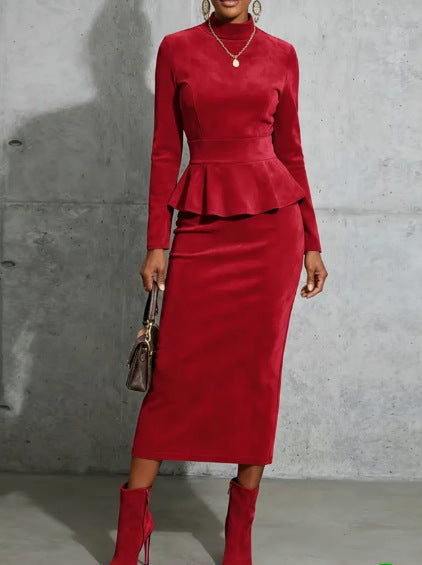 Solid Color Lotus Leaf Hem Top And Bodycon Long Skirt Set