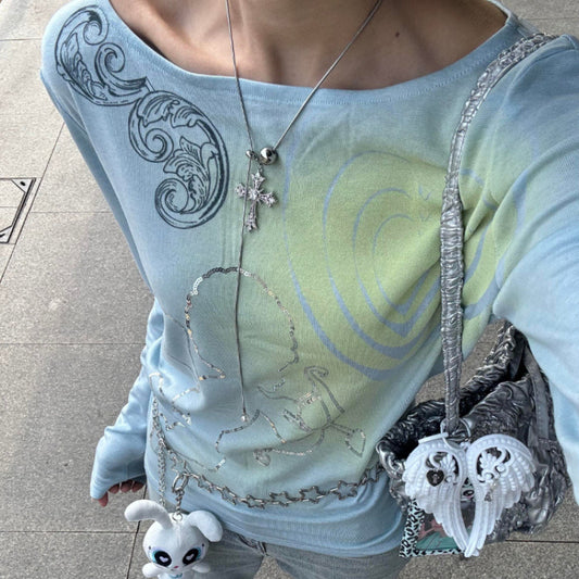 Hjerte KEWPIE Rhinestone Langærmet Slim Fit Slankende Top