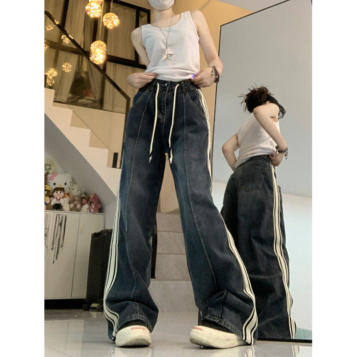 Drawstring Jeans High Waist Loose And Slimming Wide Leg Straight Pants