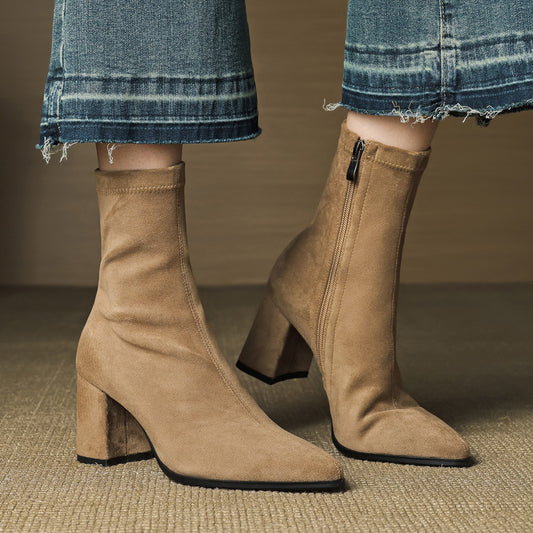 High Heel Stretch Side Zipper Thick Heel Thin Women's Boots