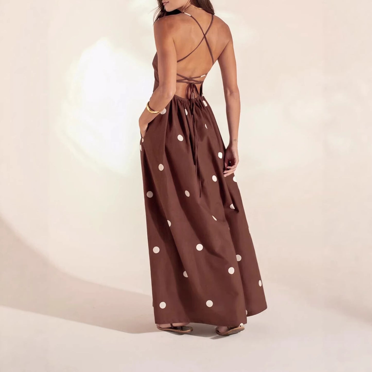 Elegant Polka-Dot Backless Slip Dress With Pockets