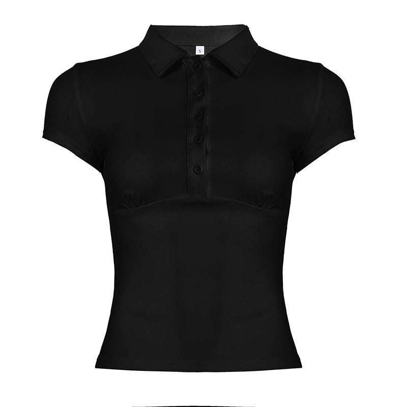 Solid Color Simple Single Row Button Slim Pullover Short Sleeve