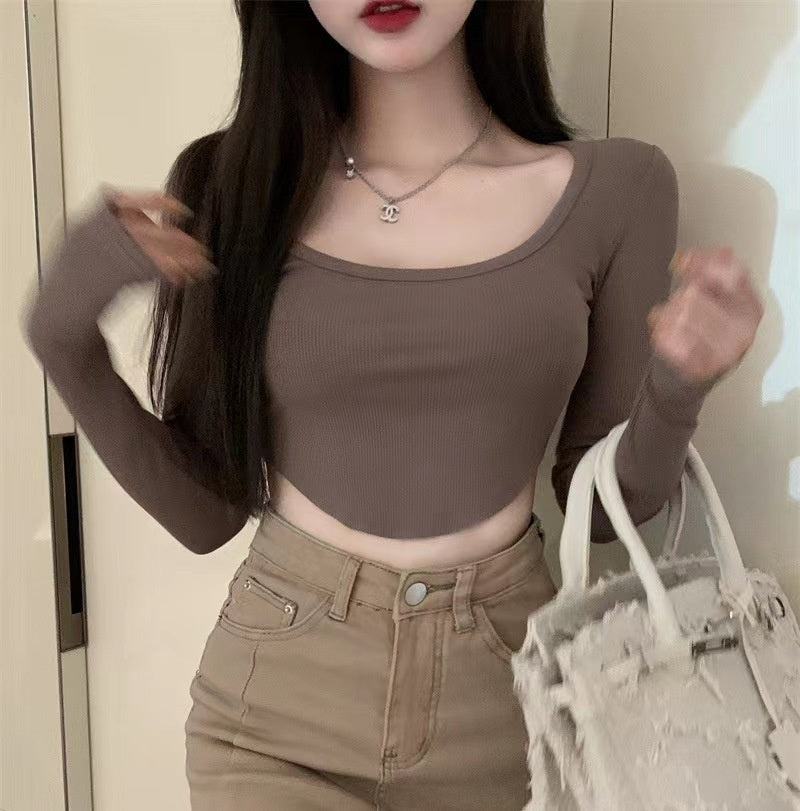 Womens Solid-Color Sexy Slim-Fit Long-Sleeve Top