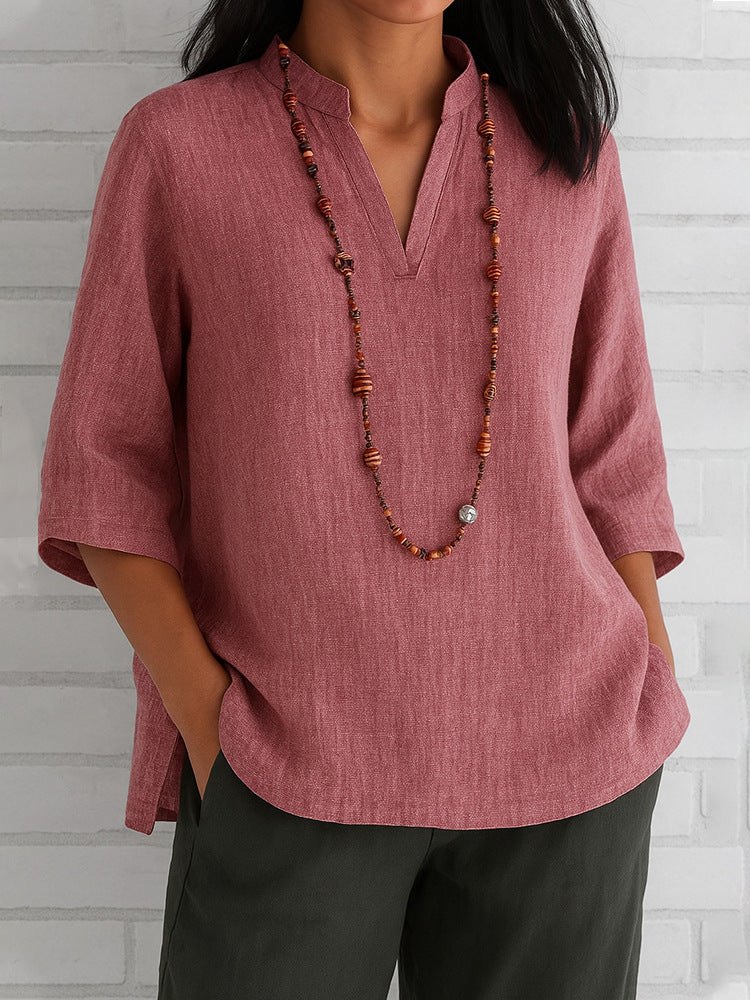 Summer Women's Clothing V-neck 34 Sleeves Cotton And Linen Loose Casual Shirt